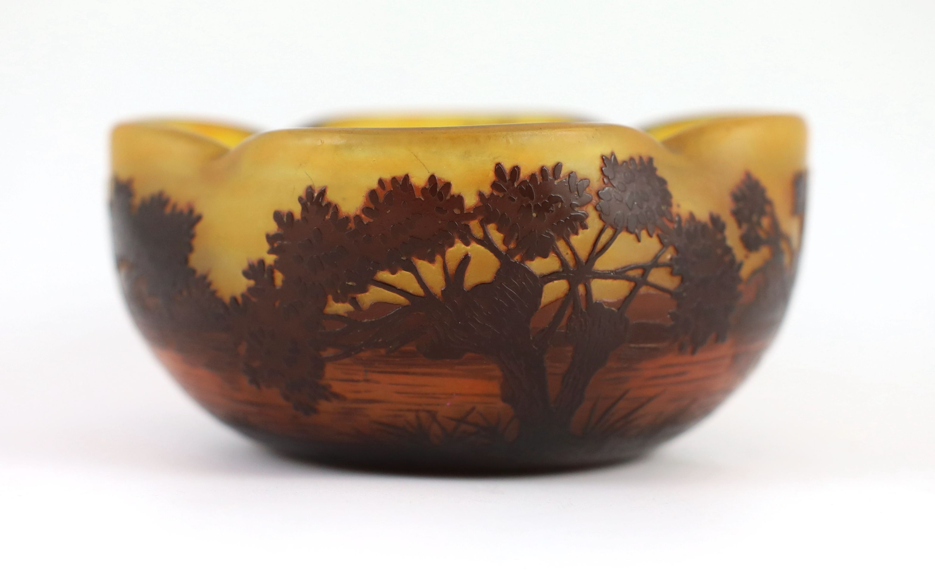 A Daum cameo glass ‘dusk river landscape’ bowl, c.1905, 15.5 cm wide